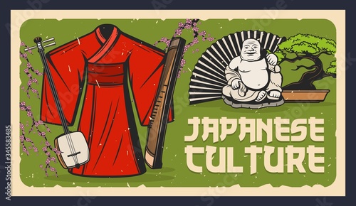 Japan, bonsai, netsuke and kimono, shamisen and geisha vector retro poster. Japanese culture and traditions, traditional costume dress, music instruments, cherry blossom sakura and Budai Buddha