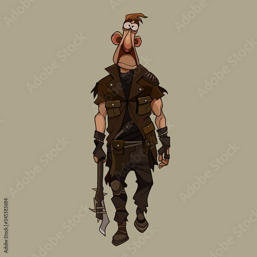 cartoon man in post apocalypse clothes strides with makeshift weapon in hand