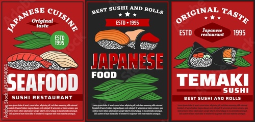 Seafood sushi and temaki, Japanese restaurant food menu, vector posters. Japanese cuisine sushi bar rolls with salmon and tuna fish, temaki with nori seaweed and rice