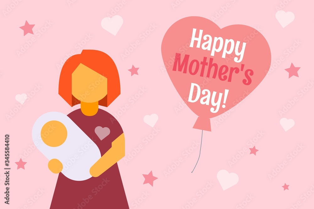 Happy mother's day vector greetings card background. Mother with small baby in her arms and heart balloon to celebrate the day.