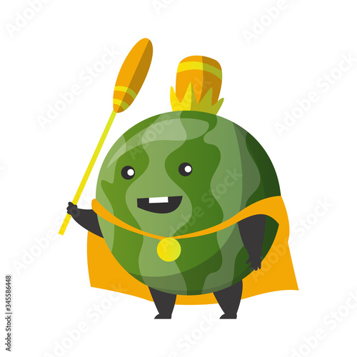 Cartoon superhero watermelon. Fruit in cape, raised his hand with staff. Cute childish cartoon character. Funny cartoon fruit in superhero costume. Logo concept of healthy diet. Vector illustration