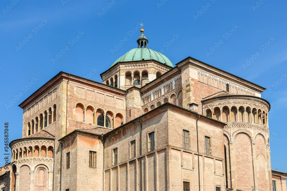 Parma, Italy. Beautiful architecture of Parma Cathedral (Cattedrale di Parma) in sunny day.