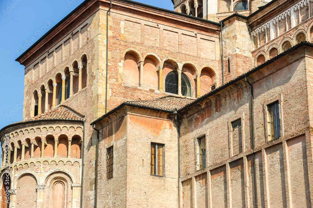 Parma, Italy. Beautiful architecture of Parma Cathedral (Cattedrale di Parma) in sunny day.