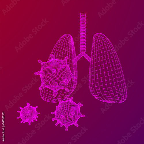 Corona Virus and Lungs with trachea bronchi internal organ human. Covid virus pulmonology medicine science concept. Wireframe low poly mesh vector illustration.