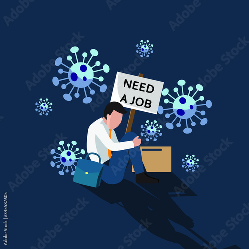 Man feel depressed losing a job because of corona virus impact. Economy crisis. Jobless, unemployed, fired, lay off. Flat vector design 