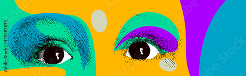 Looking eyes 8 bit dotted design style vector abstraction, human face stylized design element, with colorful splats.