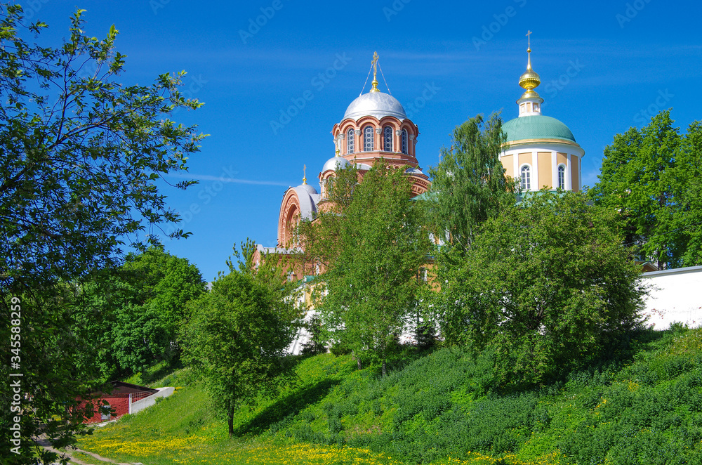 Khotkovo, Moscow Oblast, Russia - May, 2019: Pokrovsky Hotkov Monastery in sunny spring day