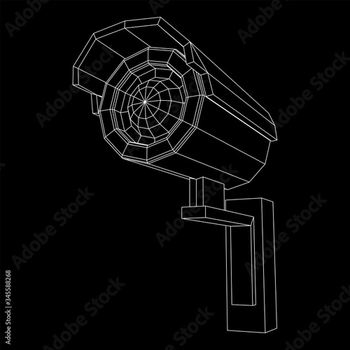 Modern video camera. Webcam viewing area. Safety, security concept. Wireframe low poly mesh vector illustration.