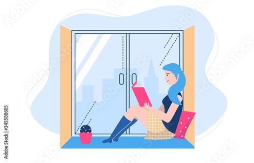 People reading poses vector illustration. Cartoon flat woman student character sitting by window, studying and preparing for examination. Literature lover, fan books, home schooling isolated on white