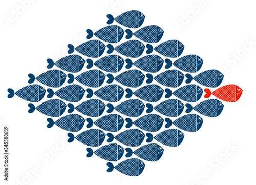 Business team leader vector concept shown with cartoon fishes and leading one is different color, teamwork or social leader.