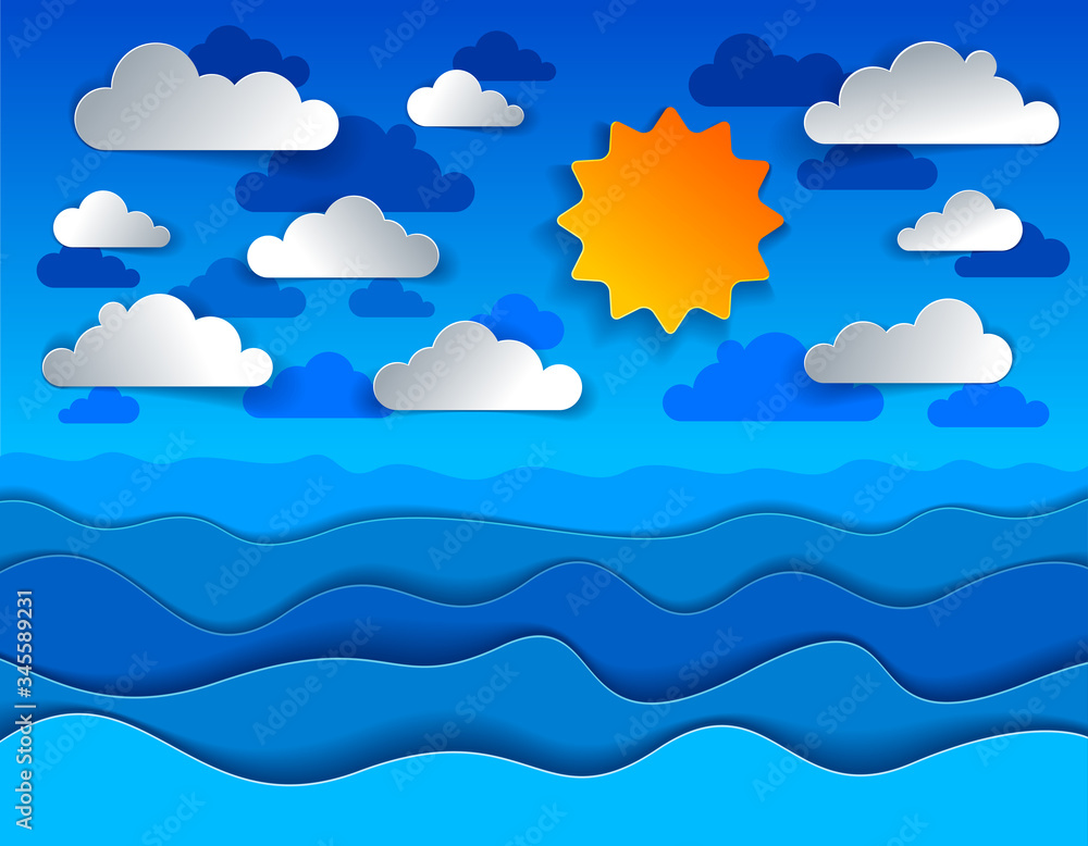 Beautiful seascape in paper cut style, curvy lines of waves and clouds in the sky, perfect modern vector illustration. Beautiful seascape in paper cut style, curvy lines of waves and clouds in the sky, perfect modern vector illustration.