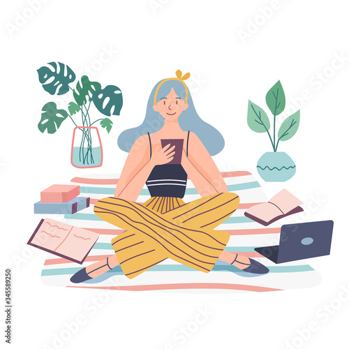 Young female student sitting on the carpet and scrolling the smartphone. A lot of books and laptop lying around her and some plants on the background. Vector colored cartoon flat illustration.