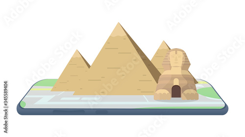 Map in the smartphone. Egyptian pyramids on the map. The concept of travel  arrival on the route. Isolated. Vector.