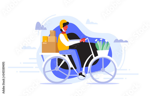 A courier in helmet rides a bike to quickly and efficiently deliver the packages to the client who ordered some goods. Delivery service concept. Trendy and colored vector illustration.