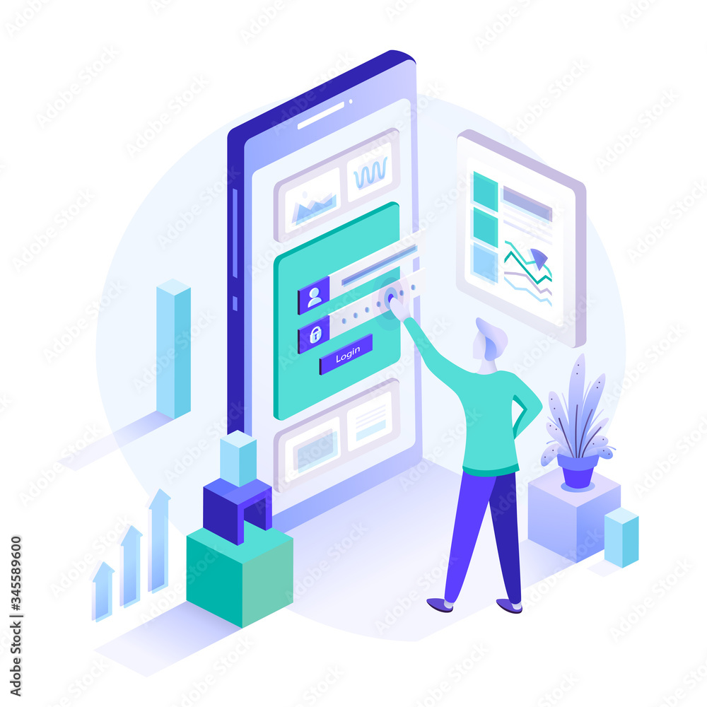 A man stands in front of inputted secured data. Registration form or login user interface. Isometric flat vector illustration of infographic elements which are displayed on the big mobile phone. A man stands in front of inputted secured data. Registration form or login user interface. Isometric flat vector illustration of infographic elements which are displayed on the big mobile phone.