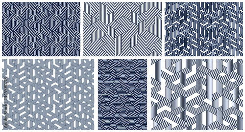 3D cubes seamless patterns vector backgrounds set, lined dimensional blocks, architecture and construction, geometric designs.