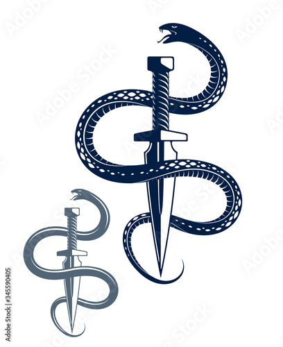 Dagger kills a Snake, defeated Serpent wraps around a sword vector vintage tattoo, Life is a Fight concept, life is no bed of roses, allegorical logo or emblem of ancient symbol.