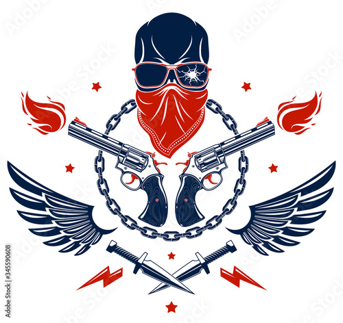 Anarchy and Chaos aggressive emblem or logo with wicked skull, weapons and different design elements , vector vintage scull tattoo, rebel gangster criminal and revolutionary.