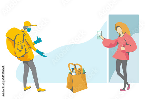 Contactless delivery vector illustration. Scene with courier, food bag and woman