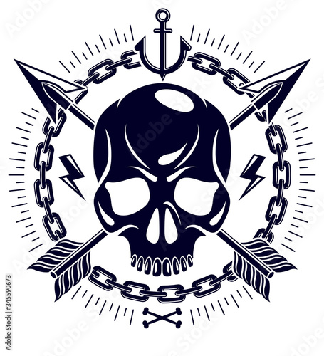 Jolly Roger dead head aggressive skull, Pirates vector emblem or logo with weapons and other design elements, vintage style logo or tattoo.