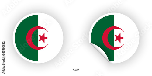 Algeria sticker flag in circle shape and circle peeled shape on white background. Algeria flag icon in circular form.