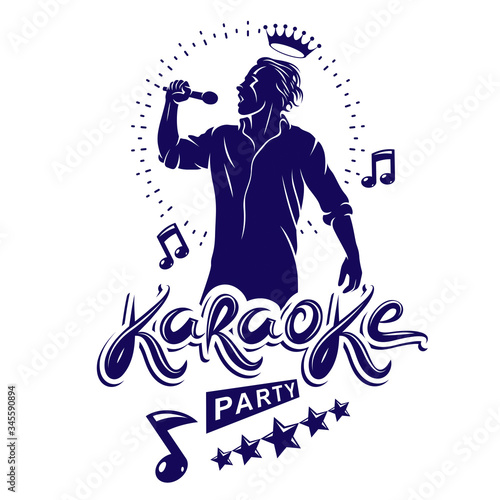 Karaoke party flyers vector cover design created using musical notes, stars and soloist singing to microphone. Emcee show advertising poster
