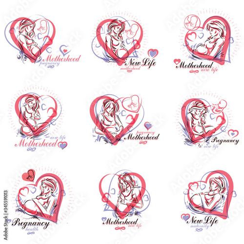 Set of pregnant female beautiful body outlines, mother-to-be vector drawn illustration. Pregnancy assistance center promotion