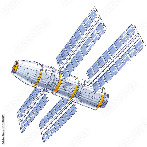 Space station iss floating in weightlessness in open space, spacecraft artificial satellite, science and technology. Thin line 3d vector illustration isolated on white background.