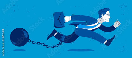Business man run with a shackles and weight on her leg symbolizes problems such as debt crisis or taxes vector illustration, funny comic cute cartoon businessman worker or employee in a rush.