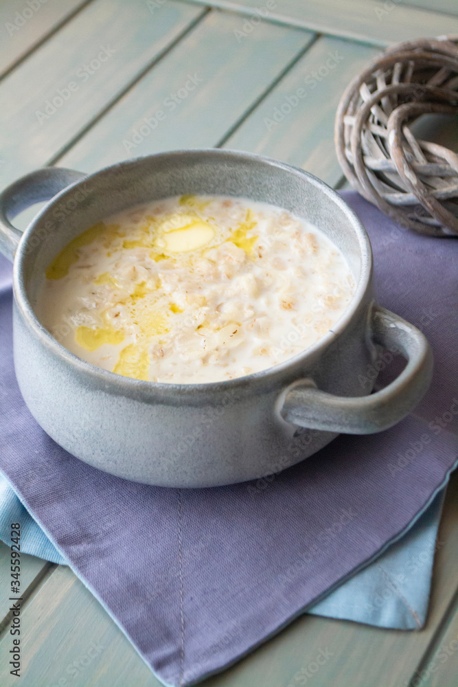 Milk soup with noodles and dough in a ceramic bowl Milk soup with noodles and dough in a ceramic bowl