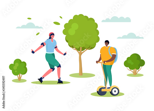 Active sports people vector illustration. Cartoon flat happy woman character skating rollers, smiling man riding modern electric segway in summer outdoor city park, healthy lifestyle isolated on white