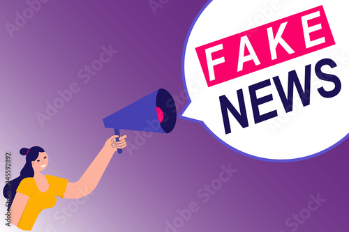 Fake News concept. Male hand holding megaphone with Fake News speech bubble. Loudspeaker. Vector illustration in flat simple style with characters.