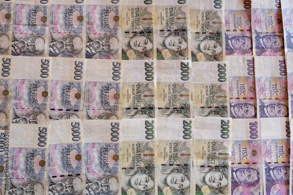 Obraz premium Czech koruna banknotes background. CZK pattern. 5000 CZK 2000CZK 1000CZK