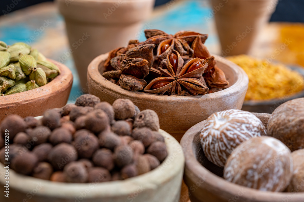 Indian spices collection, dried colorful condiment, nuts, pods and seeds and another spices in clay bowls Indian spices collection, dried colorful condiment, nuts, pods and seeds and another spices in clay bowls