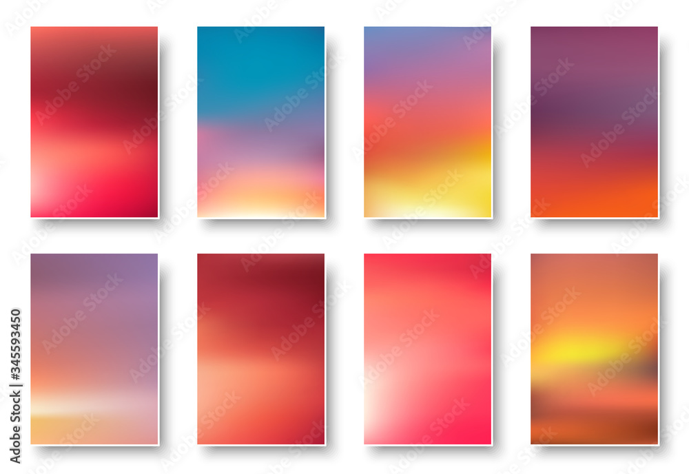 Set of colorful sunset and sunrise paper cards. Blurred modern gradient mesh background.