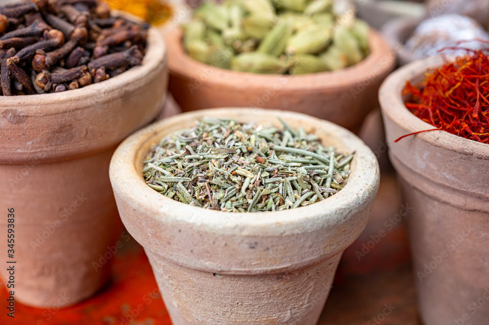 Indian spices collection, dried colorful condiment, nuts, pods and seeds and another spices in clay bowls Indian spices collection, dried colorful condiment, nuts, pods and seeds and another spices in clay bowls