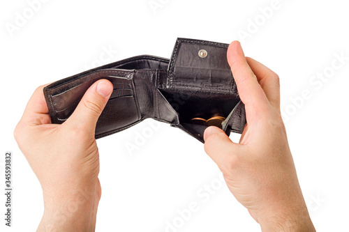 Male hand opening a wallet and count coins (money) isolated on white background. World economic crisis. Financial problem jobless, bankruptcy concept. Copy space for text