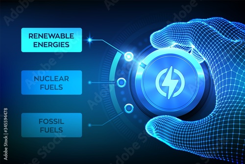 Energy industry sectors. Wireframe hand turning an energy transition button to switch from fossil fuels to renewable energies. Electric power generation via sustainable sources. Vector illustration.