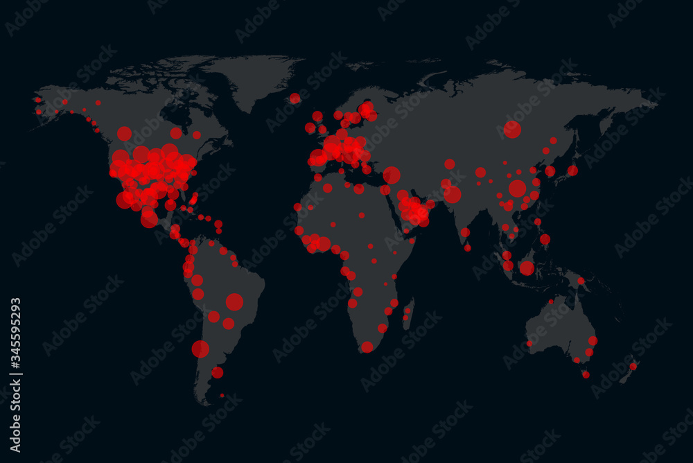 Coronavirus (COVID-19) spread on black world map confirmed cases report worldwide with red circle Coronavirus (COVID-19) spread on black world map confirmed cases report worldwide with red circle