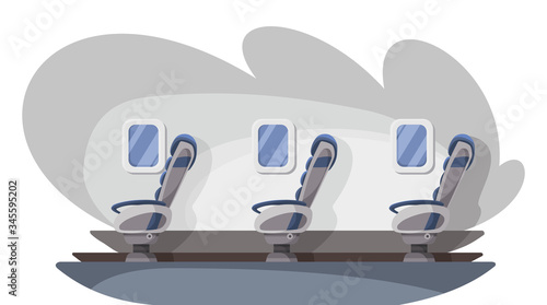 Empty interior of plane. Airline transportation service. Chairs in business class of aircraft. Vector illustration