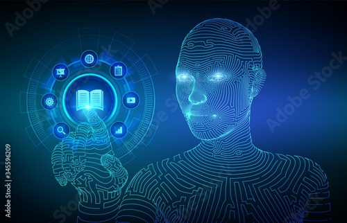 E-learning. Innovative online education and internet technology concept. Webinar, teaching, training courses. Skill development. Wireframed cyborg hand touching digital interface. Vector illustration.