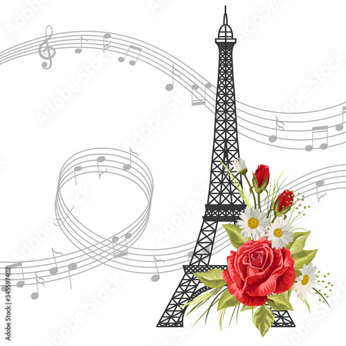 Eiffel Tower with flowers and music notes isolated on white background