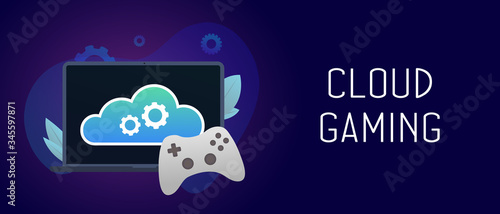 Cloud gaming concept. Online video gaming on demand that runs games on remote servers and streams them directly to a user device, remotely from a cloud. Header and footer isometric vector banner 