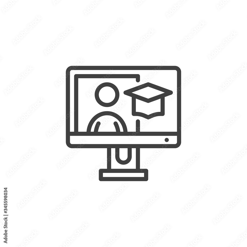 Online academic course line icon. linear style sign for mobile concept and web design. E-learning, online education outline vector icon. Symbol, logo illustration. Vector graphics Online academic course line icon. linear style sign for mobile concept and web design. E-learning, online education outline vector icon. Symbol, logo illustration. Vector graphics