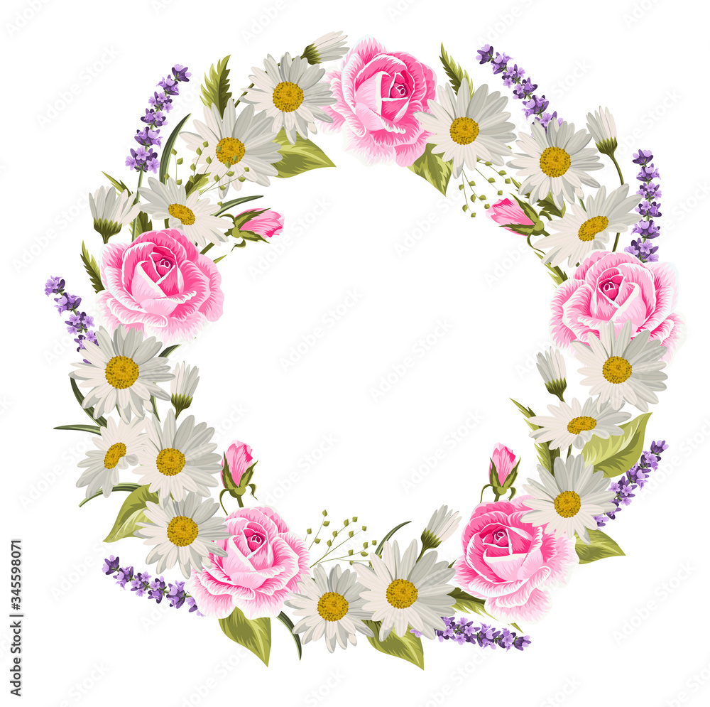 Beautiful floral wreath with roses, lavenders and daisies. Vector illustration