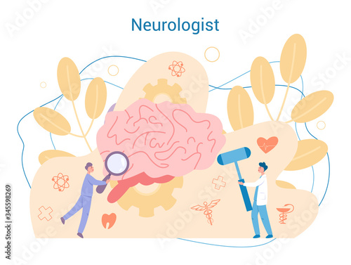 Neurologist concept. Doctor examine huge brain. Idea of doctor caring