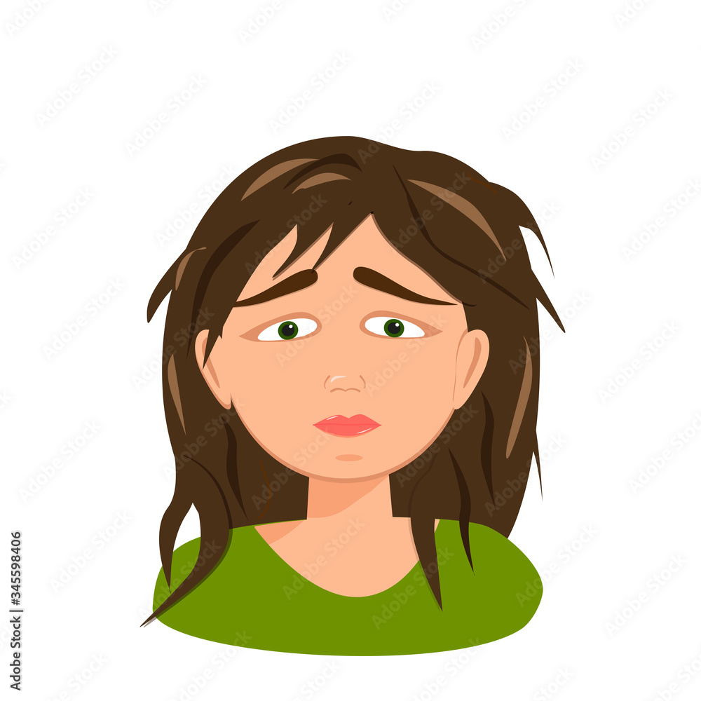 Cartoon character on white backdrop.Female Stress. Exhausted Abstract portrait on white backdrop. Vector illustration. Depression concept of upset woman. Desperate girl feeling anxiety, loneliness. Cartoon character on white backdrop.Female Stress. Exhausted Abstract portrait on white backdrop. Vector illustration. Depression concept of upset woman. Desperate girl feeling anxiety, loneliness.