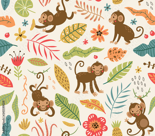 Cute and funny monkeys. seamless pattern