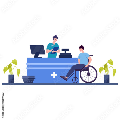 Modern pharmacy interior with visitor. Client order and buy