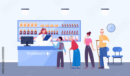 Modern pharmacy interior with visitor. Client order and buy